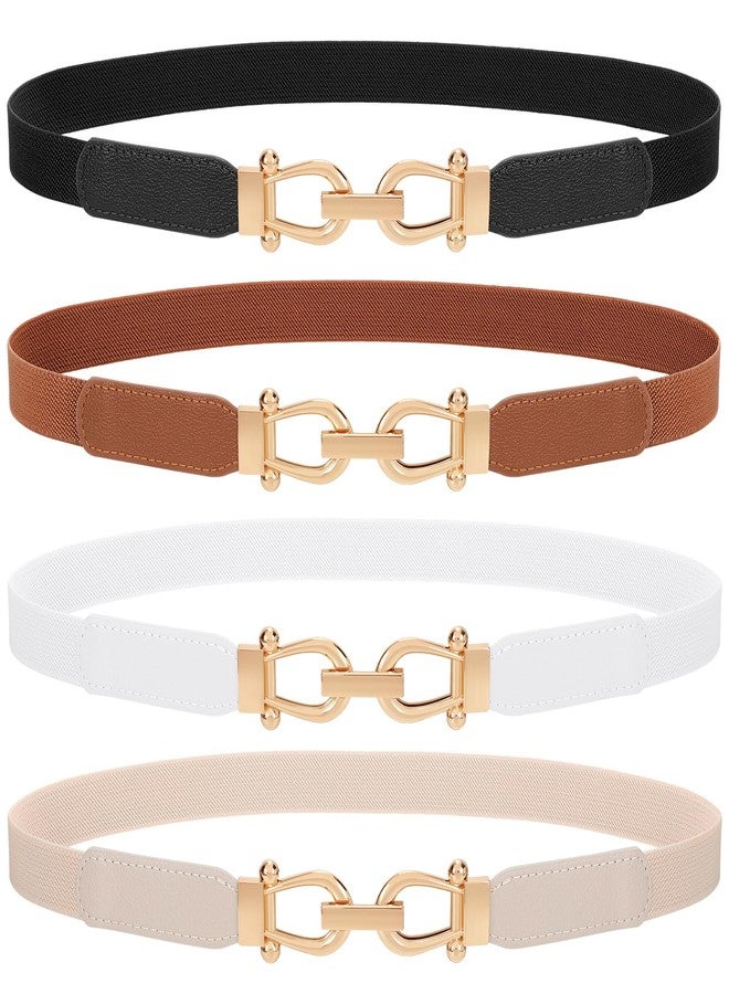 TRIWORKS 4 Pack Skinny Elastic Belts for Women Gold Buckle Thin Stretchy Waist Belts for Dresses - Image 1
